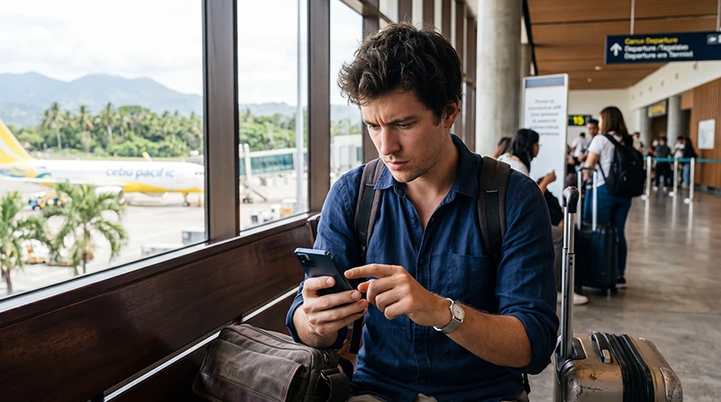 Traveler troubleshooting a Philippines eSIM connection issue on a smartphone