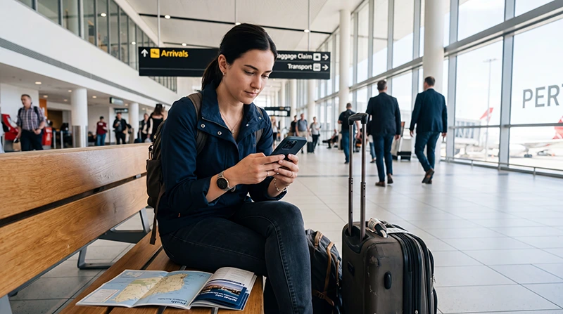 Traveler activating an eSIM at Perth Airport after arriving in Australia