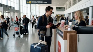 Traveler activating an eSIM after arriving at Podgorica Airport