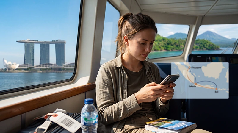 Traveler using one eSIM for Singapore and Indonesia with mobile internet across Southeast Asia
