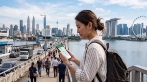 Traveler using one eSIM for Singapore and Malaysia while crossing between both countries