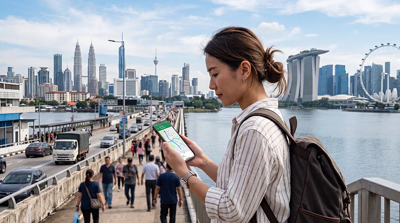 Traveler using one eSIM for Singapore and Malaysia while crossing between both countries