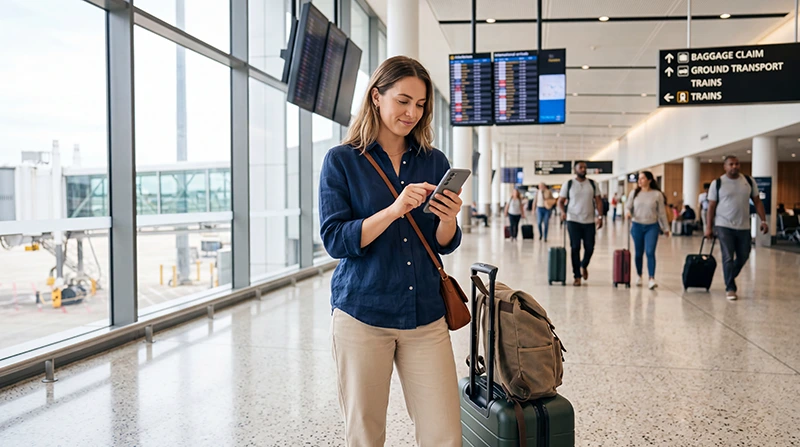 Traveler activating an eSIM at Sydney Airport after arriving in Australia