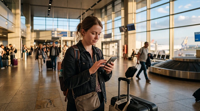Tourist activating an eSIM after arriving at Thessaloniki International Airport