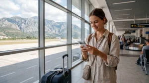 Traveler activating an eSIM after arriving at Tivat Airport in Montenegro