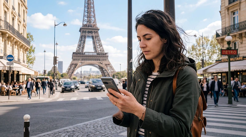 Traveler comparing France eSIM and SIM card options while traveling in France