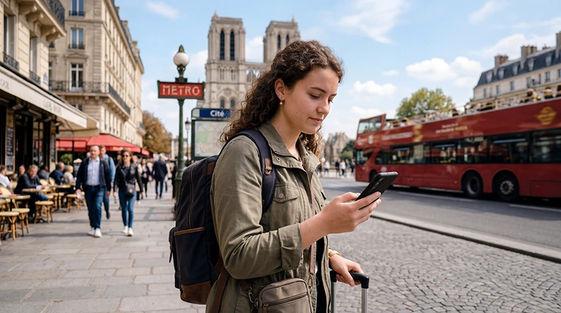 Traveler using France eSIM on Android phone for mobile internet in France