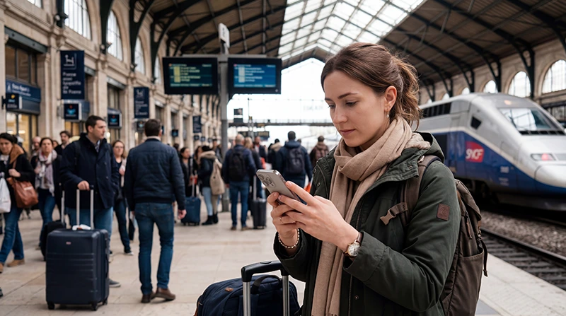 Traveler using France eSIM on iPhone for mobile internet in France