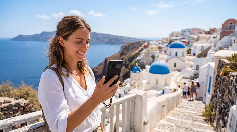 Tourist using a Greece eSIM on Android while traveling in the Greek islands