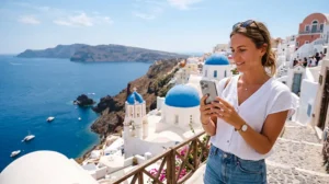 Tourist using a Greece eSIM on iPhone while traveling in the Greek islands