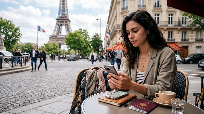 Traveler checking mobile data usage with France eSIM while traveling in France
