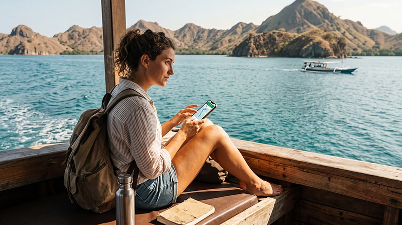 Traveler checking mobile data usage and internet consumption while traveling across Indonesia