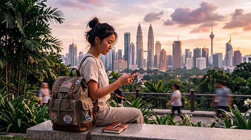 Traveler checking mobile data usage while traveling in Malaysia