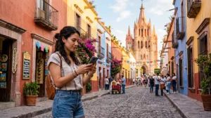 Traveler using smartphone and mobile data while exploring Mexico