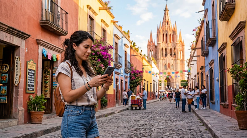 Traveler using smartphone and mobile data while exploring Mexico