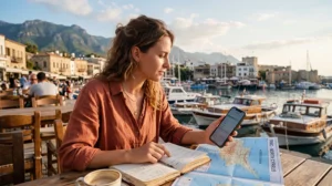 Traveler estimating mobile data usage with an eSIM during a trip to North Cyprus