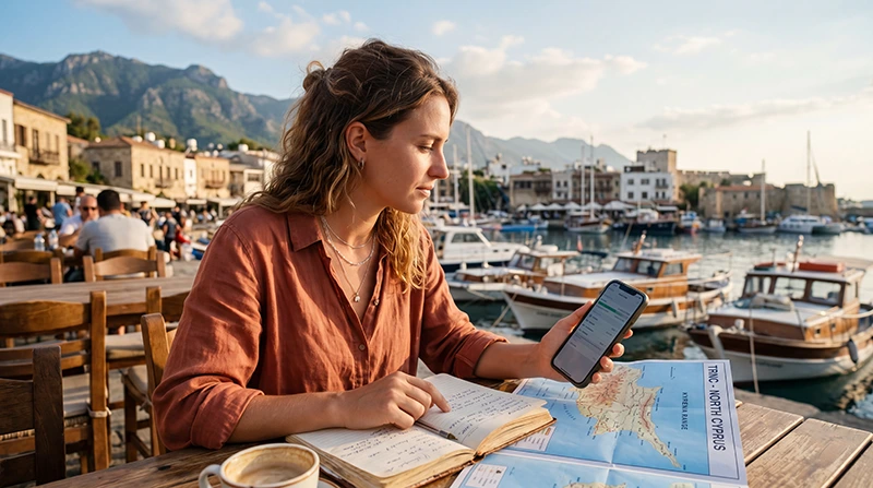 Traveler estimating mobile data usage with an eSIM during a trip to North Cyprus
