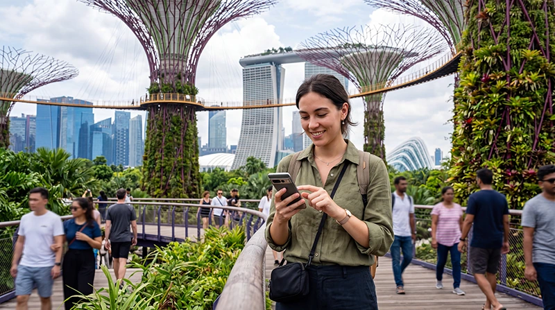 Tourist using mobile data in Singapore with eSIM for maps, WhatsApp, Grab and travel apps