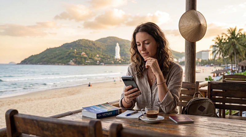 Traveler estimating mobile data usage for a trip to Vietnam