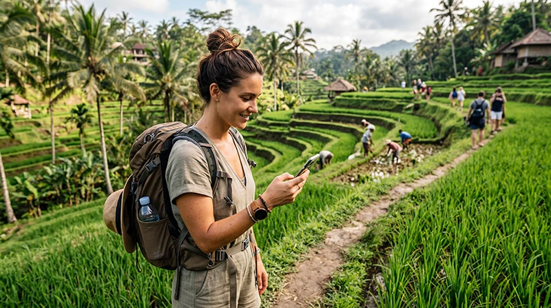 Traveler checking mobile data usage on a smartphone while traveling across Indonesia