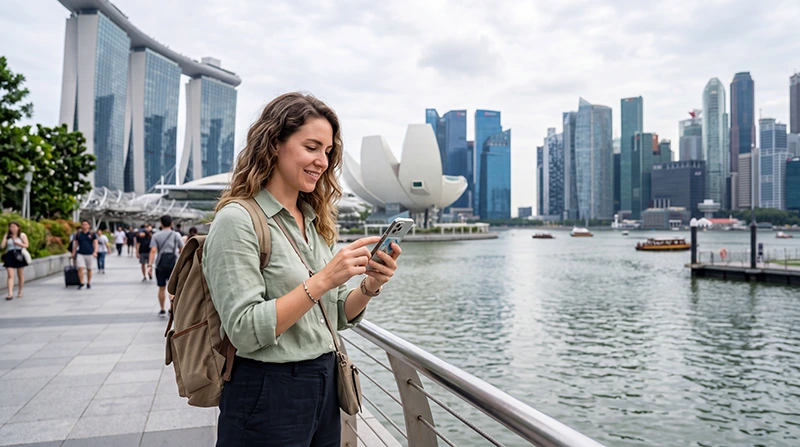 Tourist using mobile data in Singapore with eSIM while navigating Marina Bay, MRT and travel apps