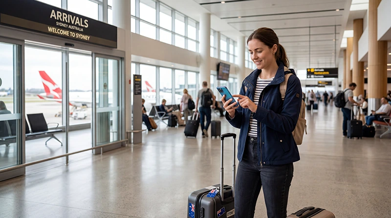 Traveler activating an Australia eSIM on a smartphone after arriving in Australia