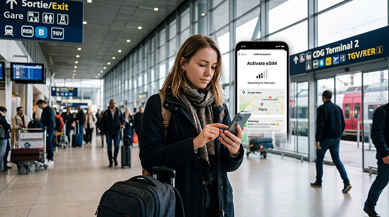 Traveler activating France eSIM on smartphone for mobile internet in France