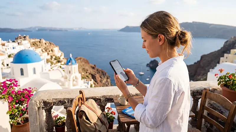 Tourist activating a Greece eSIM on a smartphone before traveling