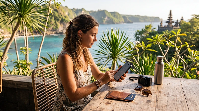 Traveler activating an Indonesia eSIM on a smartphone before arriving in Bali