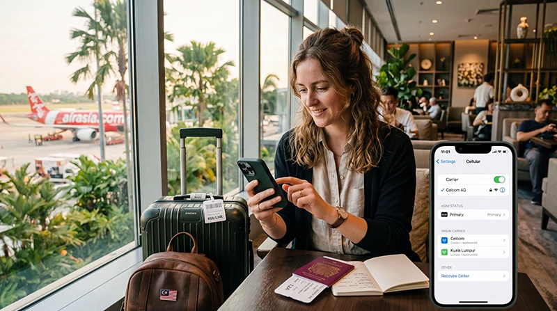 Traveler activating a Malaysia eSIM on a smartphone before using mobile internet