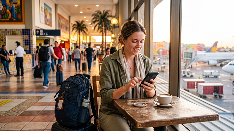 Traveler activating Mexico eSIM on smartphone before using mobile data in Mexico