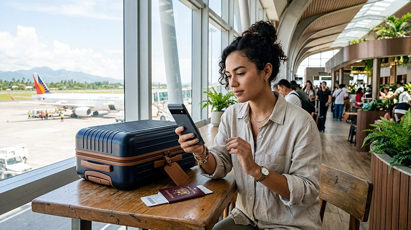 Traveler activating a Philippines eSIM on a smartphone before arriving in the Philippines