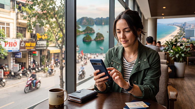 Traveler activating a Vietnam eSIM on a smartphone before arriving in Vietnam