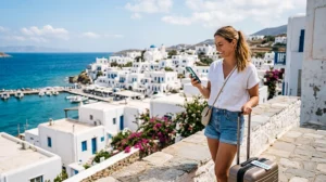 Traveler getting mobile internet in Greece using an eSIM on a smartphone
