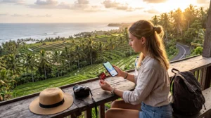 Tourist using a smartphone to access mobile internet in Indonesia while traveling through Bali