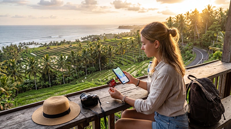 Tourist using a smartphone to access mobile internet in Indonesia while traveling through Bali