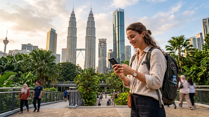 Traveler using mobile internet in Malaysia while exploring Kuala Lumpur city center