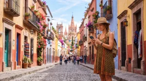 Tourist using smartphone for mobile internet while traveling in Mexico