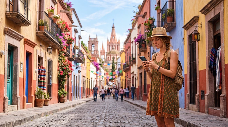 Tourist using smartphone for mobile internet while traveling in Mexico