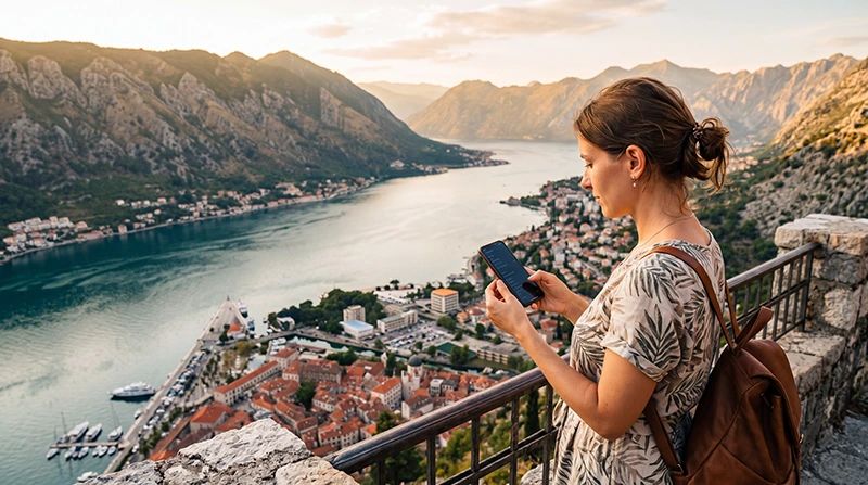 Tourist setting up mobile internet on a smartphone while visiting Montenegro