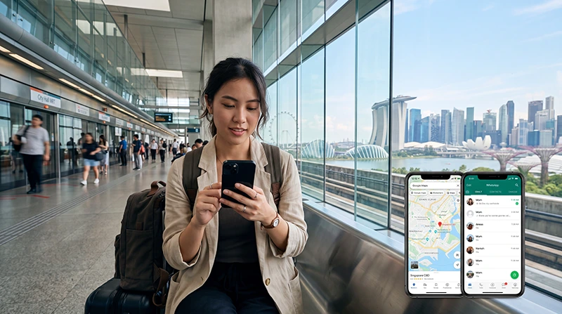 Traveler getting internet in Singapore with eSIM mobile data