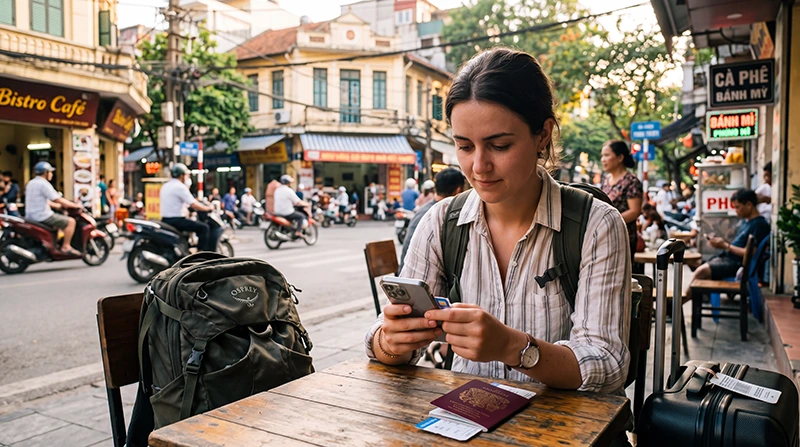Traveler setting up mobile internet on a smartphone while visiting Vietnam