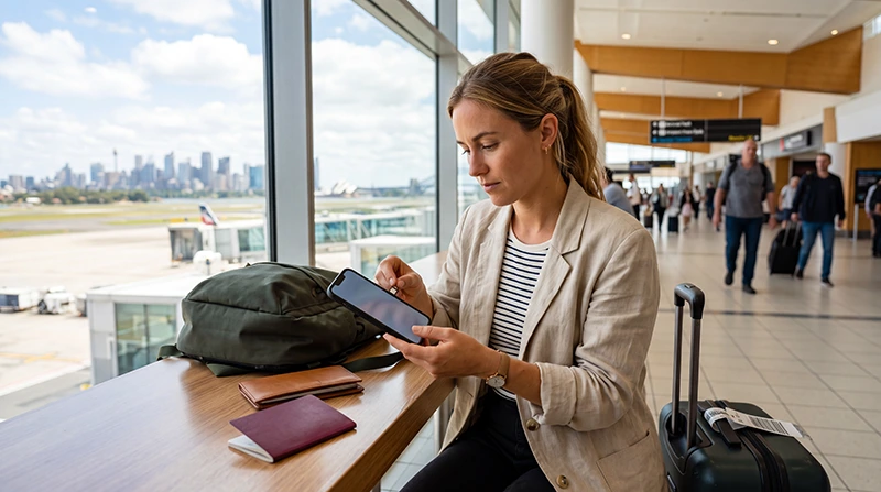 Traveler setting up mobile internet on a smartphone while arriving in Australia
