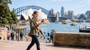Traveler using an Australia eSIM for mobile data while exploring Sydney