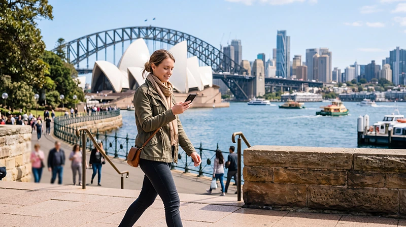 Traveler using an Australia eSIM for mobile data while exploring Sydney