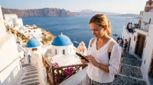 Tourist using an eSIM for mobile data while traveling in Greece