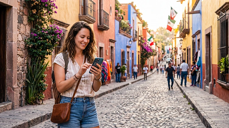 Traveler using Mexico eSIM mobile data on smartphone while exploring Mexico