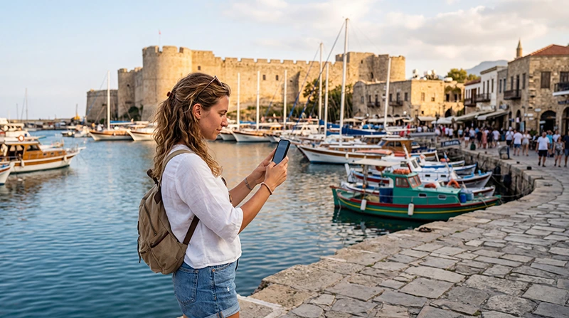 Traveler using an eSIM on a smartphone while exploring North Cyprus