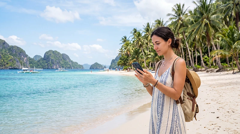 Traveler using a Philippines eSIM for mobile internet while exploring tropical destinations