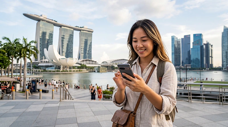 Traveler using eSIM in Singapore for mobile data, Google Maps, Grab, WhatsApp and MRT navigation